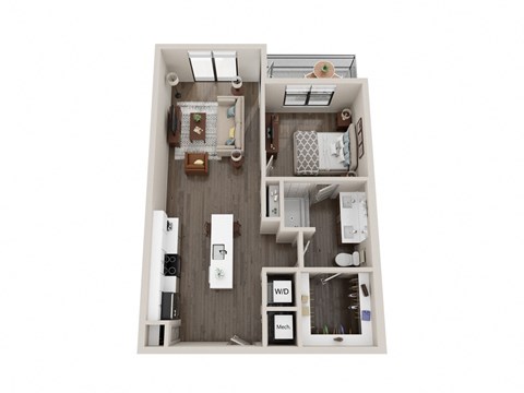 Floor plan for 1 bed, 1 bath, 749 sqft